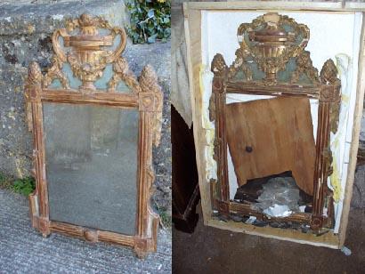17th Century gilded and painted mirror. This mirror was shipped to New York, and had a bad flight! The picture on the left shows how it looked once restored.